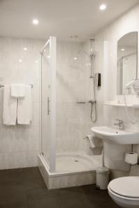 斯洪霍芬眺望楼餐厅酒店的带淋浴、卫生间和盥洗盆的浴室