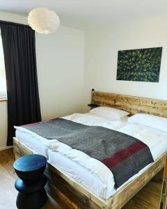 费尔德伯格Apartment Luise - direkt an der Skipiste - mit Sauna的一间卧室配有一张大床和木制床头板