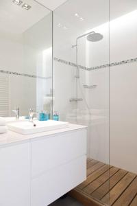 巴黎Arc de Triomphe Apartment的白色的浴室设有水槽和玻璃淋浴间。
