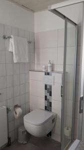 托斯恩斯Bungalow 6091 in Tossens的一间带卫生间和玻璃淋浴间的浴室