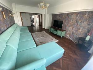 BuzăuVioletta Apartament的客厅配有蓝色的沙发和电视