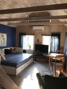 埃斯基尔斯蒂纳Trevlig stuga på landet, centralt 8km från Centrum的一间卧室配有一张床,并在一间客房内配有电视。