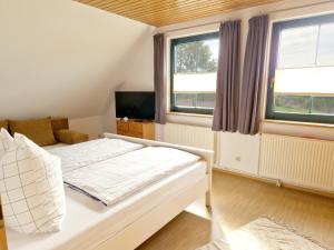 施托尔佩奥夫乌塞多姆Ferienwohnung Rohlffs Stolpe auf Usedom的一间卧室设有一张床、一台电视和两个窗户。