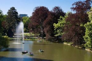 斯特拉斯堡R-appartements Strasbourg cosy Orangerie pour vos séjours en famille ou entre amis的一群人坐在喷泉池塘里的船上