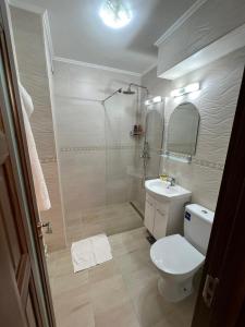 巴亚马雷Gold Apartments的带淋浴、卫生间和盥洗盆的浴室