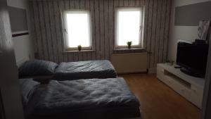 哈茨山区黑尔茨贝格Haus für Monteure bei Nina的客厅设有两张床和两个窗户。