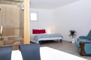 波代诺内Dépendance Ragaraja con sauna e idromassaggio的一间卧室配有一张带红色枕头和镜子的床