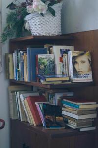 阿莱盖Una Civetta sul Lago的书架上装满了书籍和一篮鲜花
