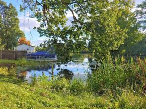 庞蒂亚克Relaxing Cottage by the Lake and Parking的一条河,河中间有一条船