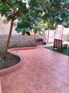 麦地那Villa Marmara的砖砌的庭院,有树和长凳