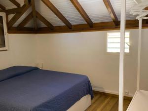 豪特尔Haut de villa Taalia的一间卧室设有蓝色的床和窗户。