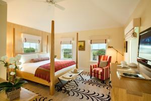 楠塔基特白象大酒店的一间卧室配有一张床、一张书桌和一台电视