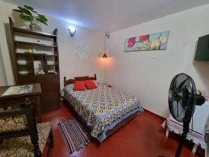 亚松森Mi lugar Vintage Hostal - calor de hogar!的一间卧室配有一张床和风扇