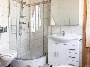 柏林Ferienhaus direkt an der Spree mit Whirlpool und Sauna的带淋浴、卫生间和盥洗盆的浴室