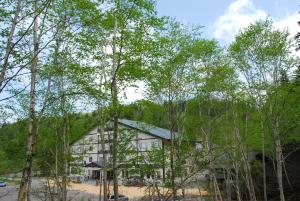 东川町旭岳汤元羽日式旅馆的树中间的一座建筑
