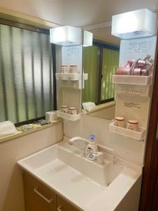 富士河口湖富士旅の家的一间带水槽和镜子的浴室