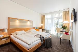 莱茵费尔登Park-Hotel am Rhein - Gesundheitshotel und Residenzen的酒店客房设有一张大床和一张书桌。