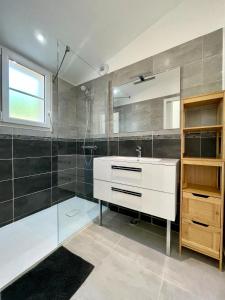 Les Sables VignierMaison neuve au calme idéale pour 4 voyageurs的浴室配有白色水槽和淋浴。
