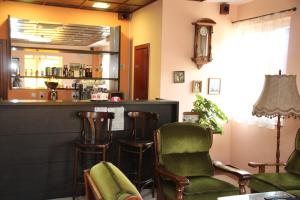索瓦塔VILA URSU din SOVATA BAI -ALL INCLUSIVE- & SPA的一间酒吧,配有绿色椅子和柜台