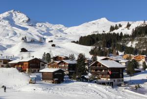 阿罗萨梅扎普那达酒店的山上拥有雪覆盖建筑的滑雪胜地