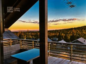 RingsakerModern New Sports Chalet at Sjusjøen的阳台享有蓝色长椅的景致。