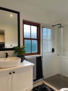 普利登堡湾Lux apartment Plett的一间带水槽和玻璃淋浴的浴室