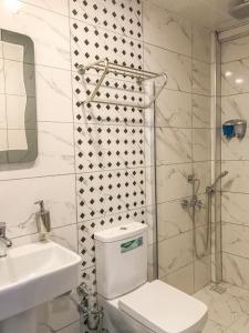 伊斯坦布尔Sultanahmet Nu Hotel的浴室配有卫生间、盥洗盆和淋浴。