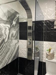 维尔蒂尼克Apartman Stefan Lux的浴室设有黑色和白色瓷砖墙和淋浴。