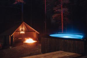 列维Raanakka House - Premium Villa at Levi的冰屋和夜间树林中的热水浴池
