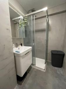 AroeiraCharmoso apartamento na Herdade da Aroeira的带淋浴、盥洗盆和卫生间的浴室