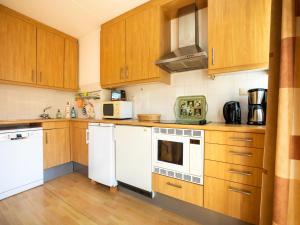 霍恩Comfy holiday home in Hoorn with garden的厨房配有木制橱柜和白色家电