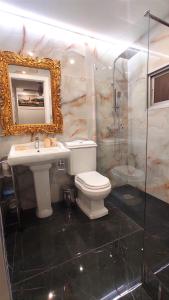 洛格罗尼奥Gran Reserva Suites centro alojamiento entero的一间带卫生间、水槽和镜子的浴室