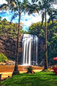 拉戈伊尼亚Pousada do Gelão的瀑布,在河前种有棕榈树