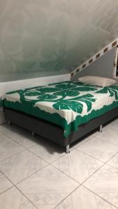 帕皮提Manate hebergement的床上铺有绿色和白色的毯子