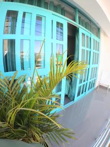 帕拉卡斯AQUAMARINE PARACAS Beach Hostal的一座建筑,有蓝色的窗户,植物