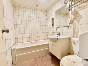 新竹WL HOTEL Hsinchu的带浴缸、盥洗盆和卫生间的浴室