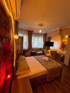 伊斯坦布尔GOLDEN ARROW OLD CİTY HOTEL的一间卧室设有一张床和一间客厅。