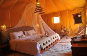 梅尔祖卡Sahara Luxury Tented Camp的一间卧室配有一张带蚊帐的床