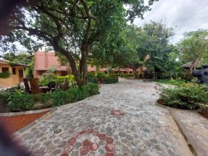 博博迪乌拉Villa Rose的庭院里种着树,有石头人行道