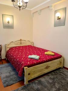 阿拉霍瓦Βoka's House的一间卧室配有一张铺有红色床单的木床。
