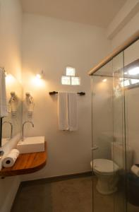 托兰克索Travel Inn Trancoso Suítes的带淋浴、盥洗盆和卫生间的浴室