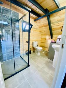 安塔利亚Garden Bungalow的一间带玻璃淋浴和卫生间的浴室