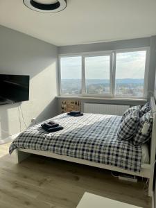 维尔纽斯panoramic view and free parking的一间卧室配有一张带 ⁇ 子毯子和窗户的床