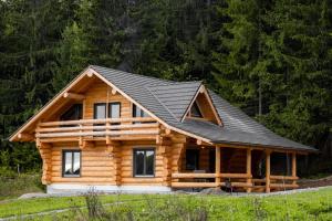 IzvoareHarghita Log Houses的小木屋,设有黑色屋顶
