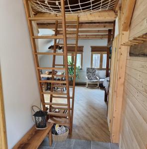 MislinjaApartma pri Adamu的一间小房子的一张高架床,设有用餐室