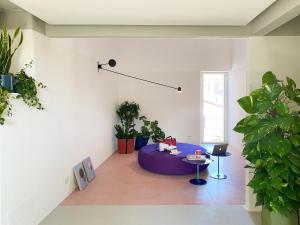 卡塔尼亚Zahara的客厅配有紫色桌子和盆栽植物