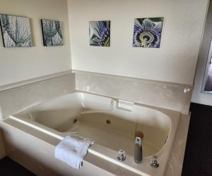 新奥尔良市Bayview Inn的带浴缸的浴室,墙上挂有绘画作品