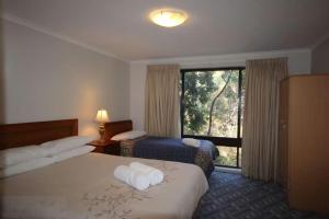 黑荒地Hearthstone的酒店客房设有两张床和窗户。