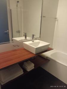 布宜诺斯艾利斯Buenos Aires Apartamento的浴室配有盥洗盆、镜子和浴缸
