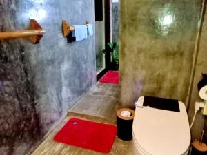 卢纳将军城shakabrah beach club cottage的一间带卫生间和两个红色垫子的浴室